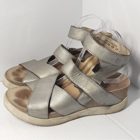 FLY London Idra Wedge Platform Sandal EU 41 Silver Metallic Leather Ankle Strap - Picture 4 of 12